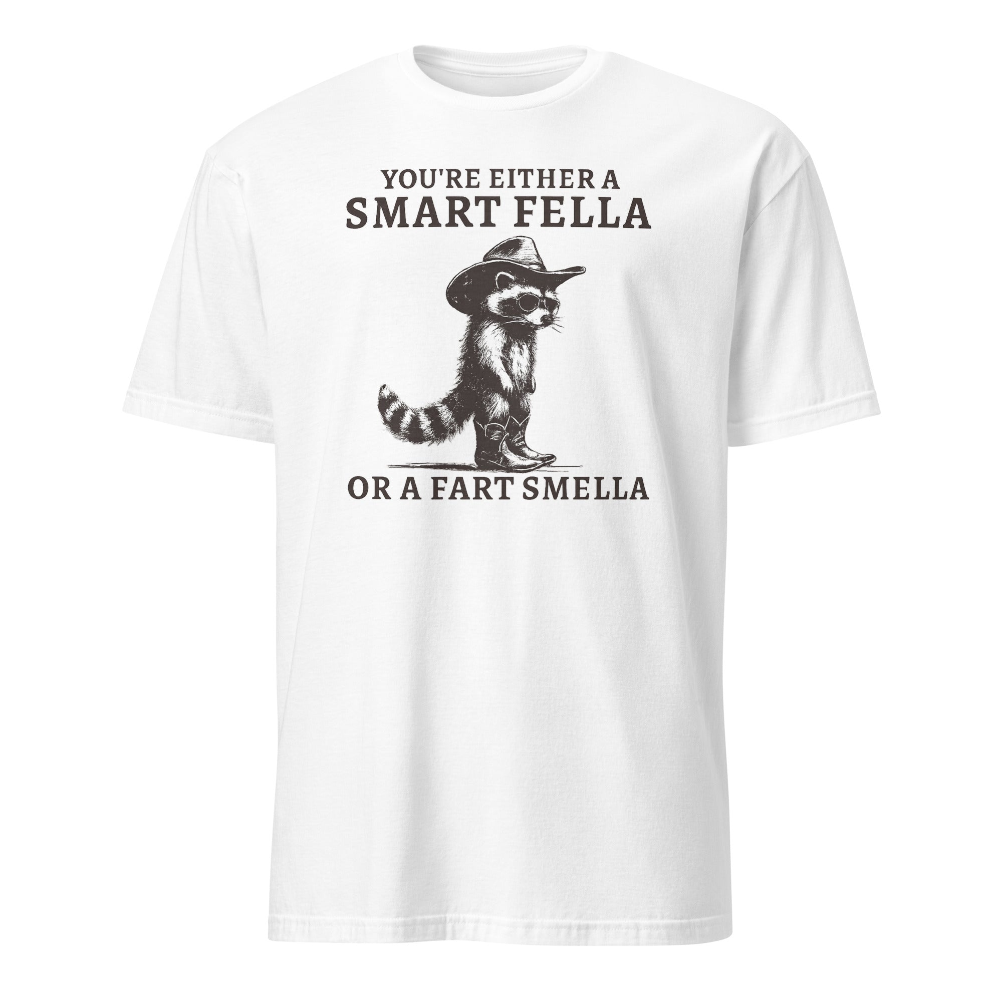 White Smart Fella or Fart Smella Retro Raccoon Shirt by Cuccico
