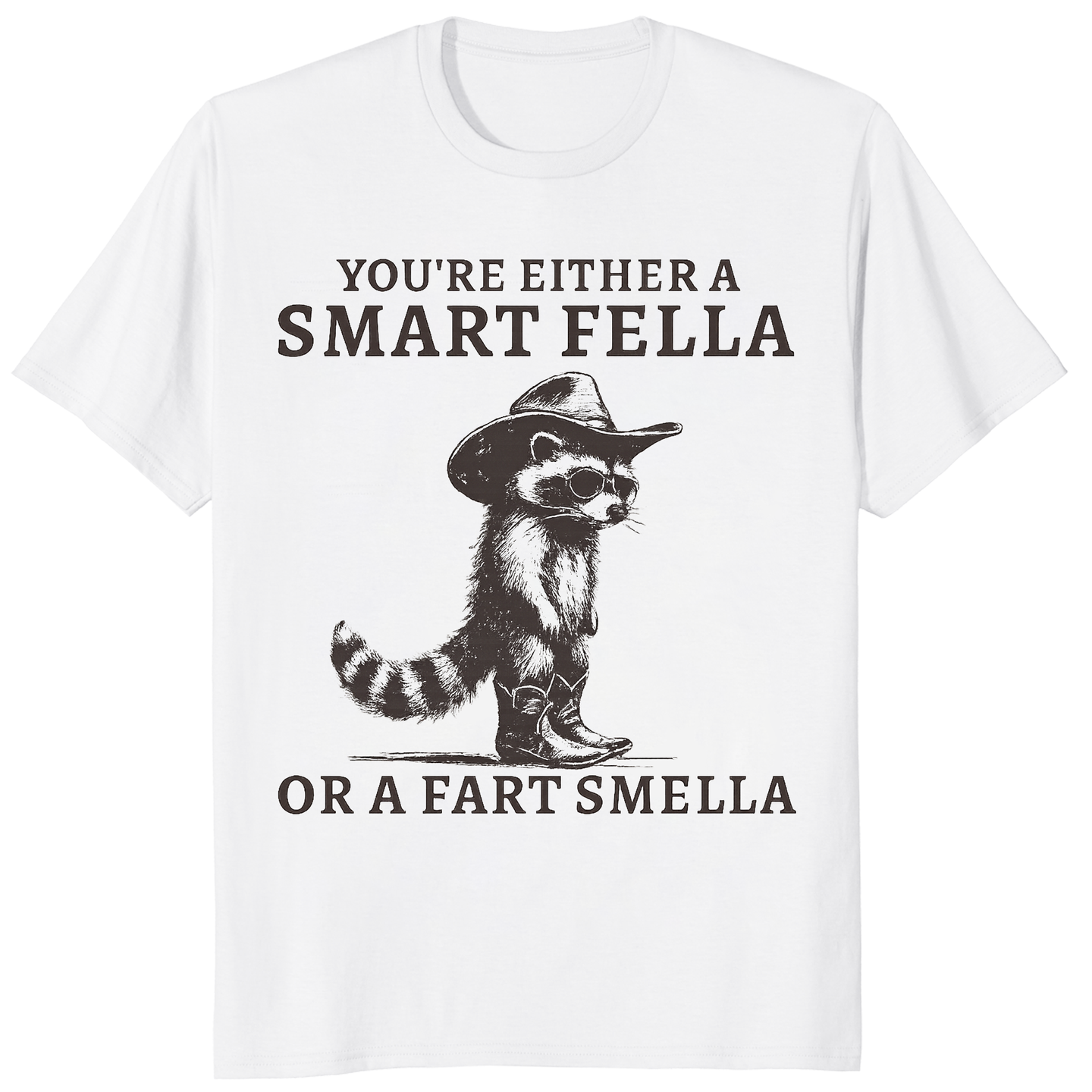 White Smart Fella or Fart Smella Retro Raccoon Shirt by Cuccico