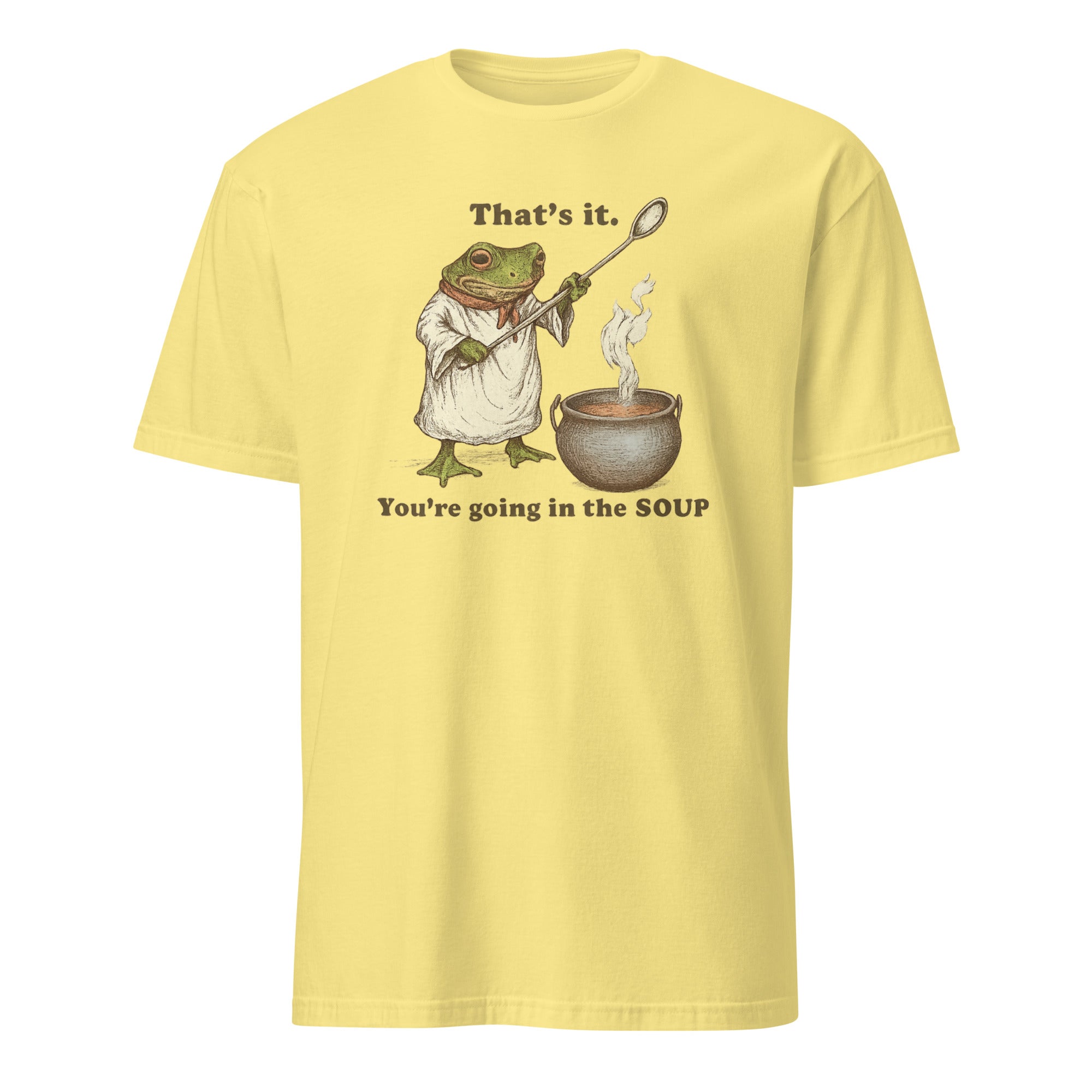 Cuccico That’s It You’re Going in the Soup Funny Frog Meme Tee in cornsilk yellow