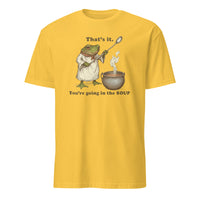 Cuccico That’s It You’re Going in the Soup Funny Frog Meme Tee in daisy yellow