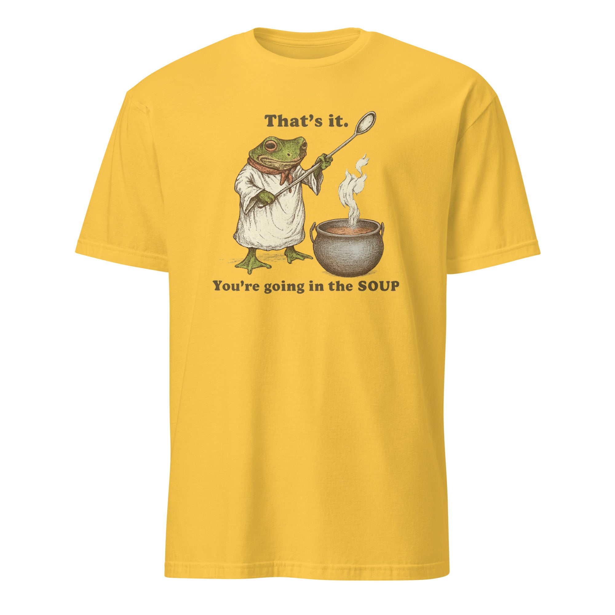 Cuccico That’s It You’re Going in the Soup Funny Frog Meme Tee in daisy yellow