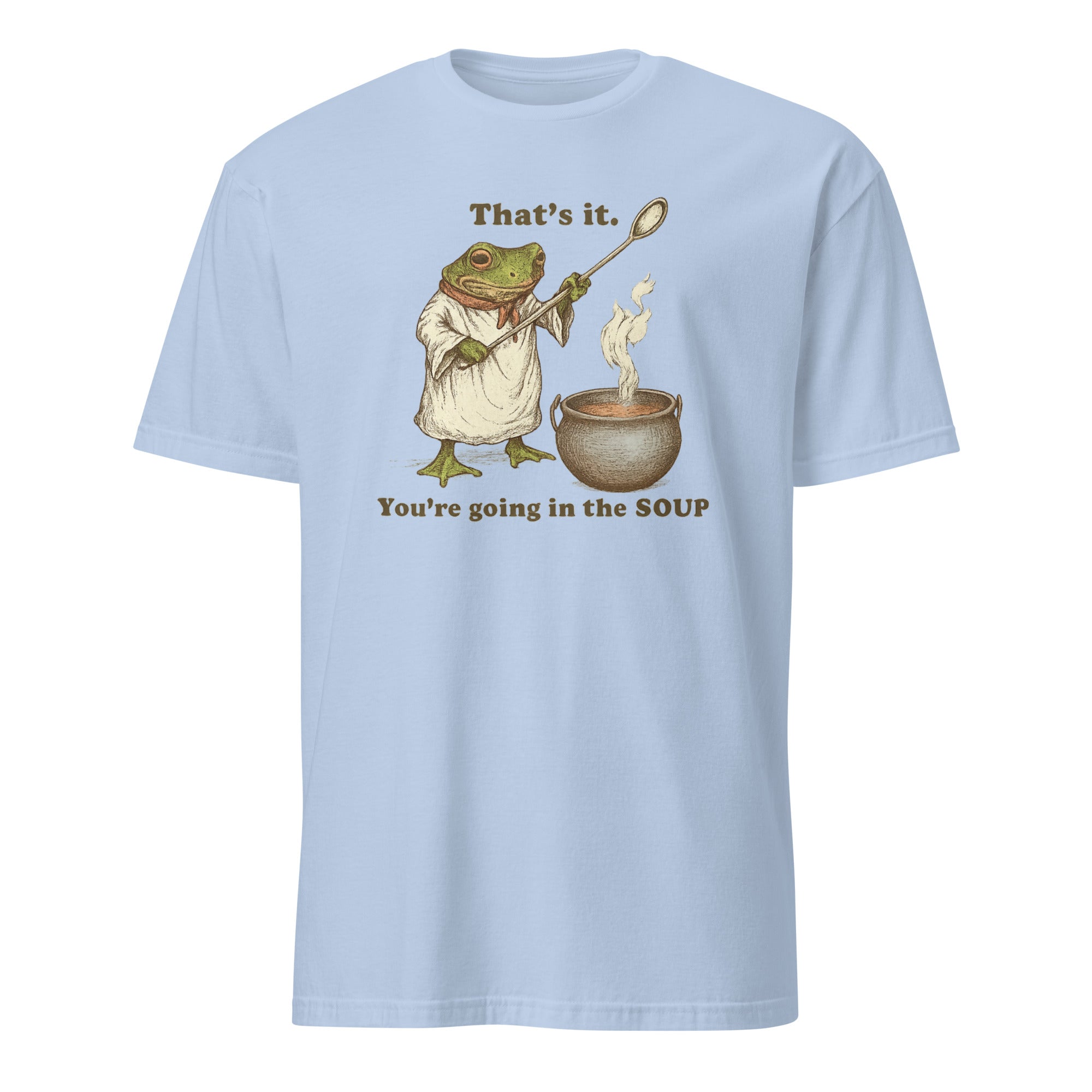 Cuccico That’s It You’re Going in the Soup Funny Frog Meme Tee in light blue