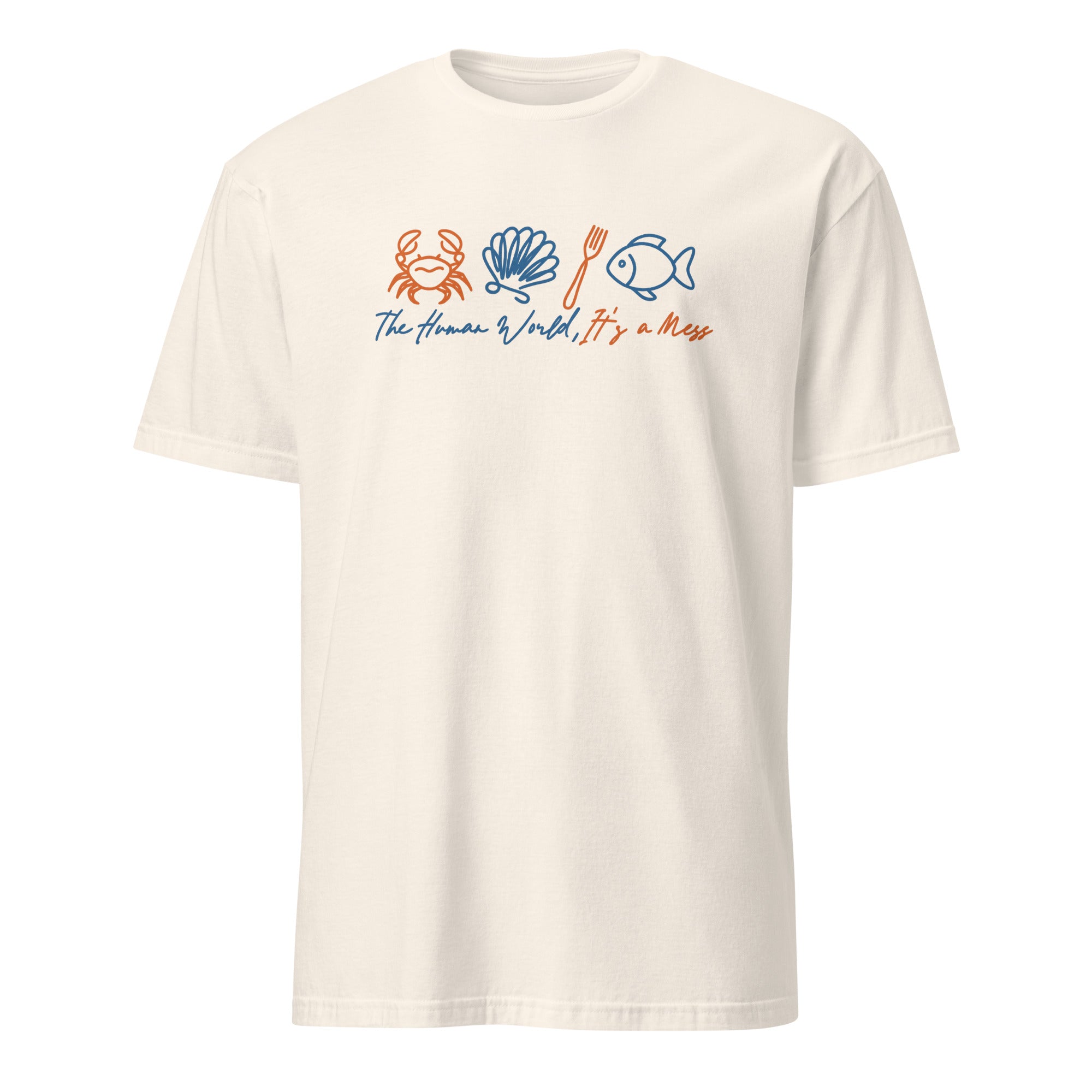 Natural cotton-colored Funny Sebastian crab shirt by Cuccico with The Human World Is a Mess design