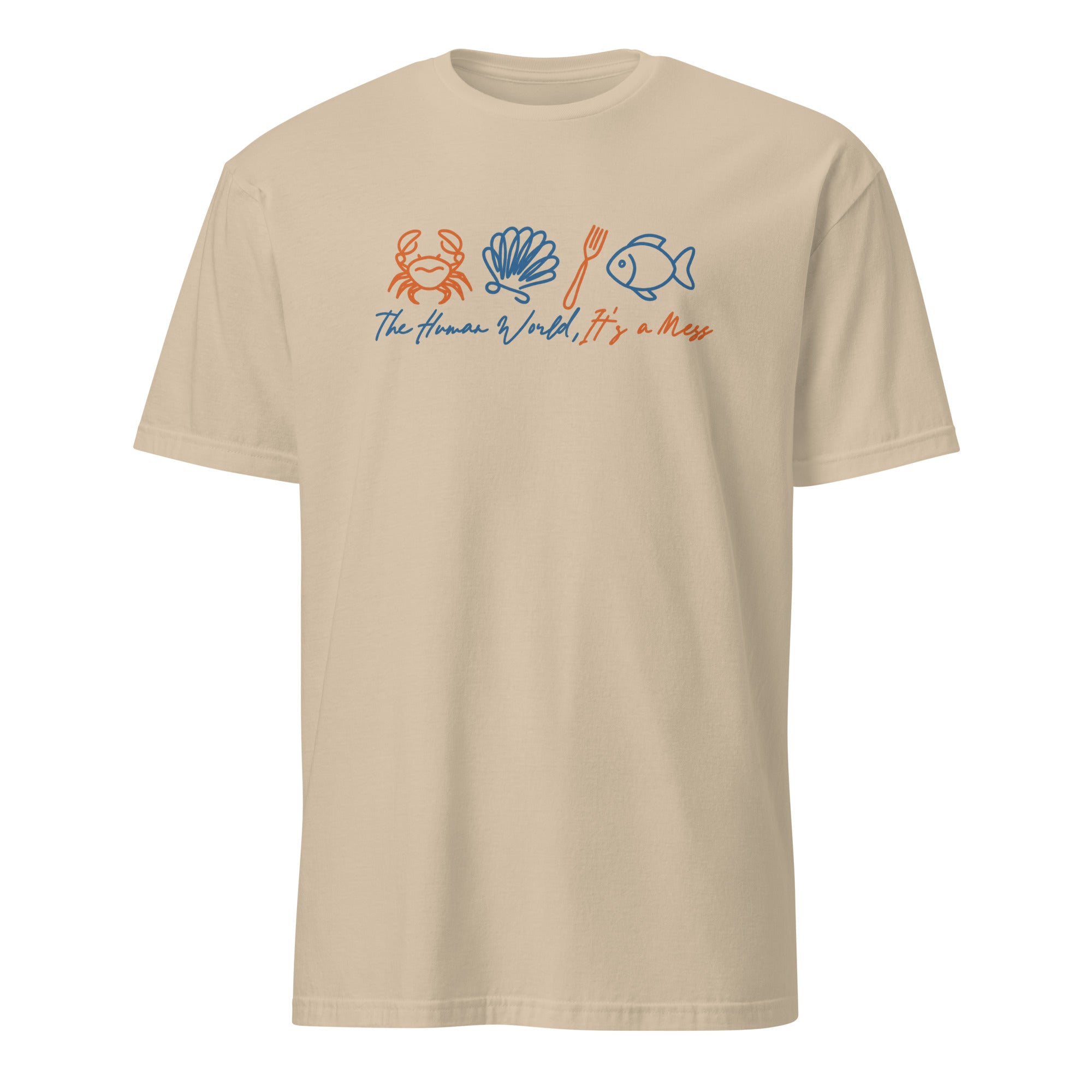 The Human World Is a Mess shirt in Sand color by Cuccico featuring Sebastian crab design