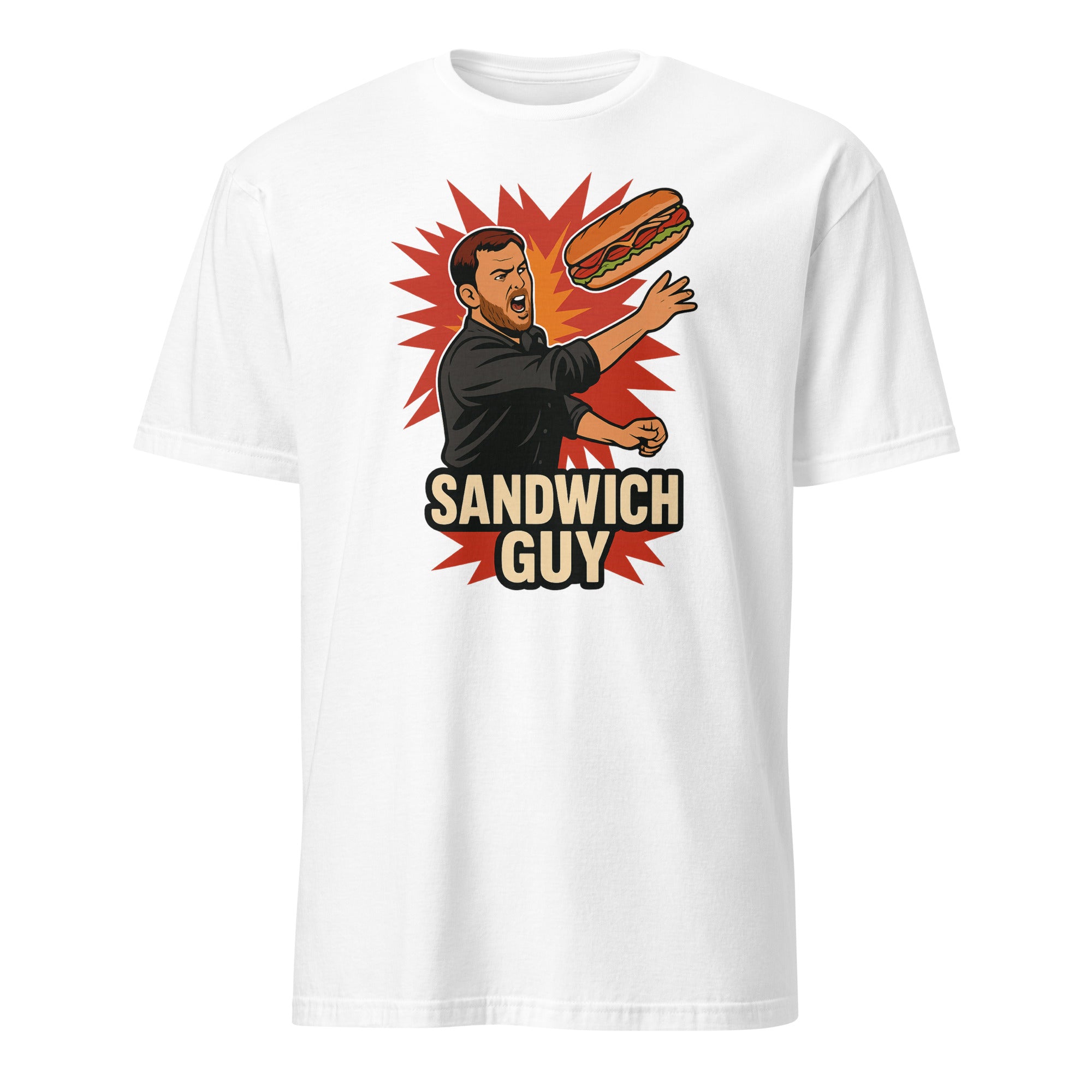 Cuccico Throw Sandwiches Not People T-Shirt in White – Sandwich Guy Protest Meme Shirt