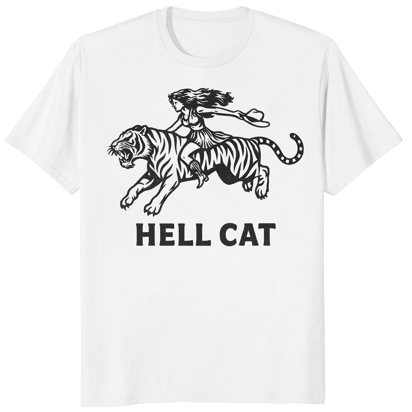 Vintage Cowgirl Hell Cat T-Shirt in white with retro tiger graphic