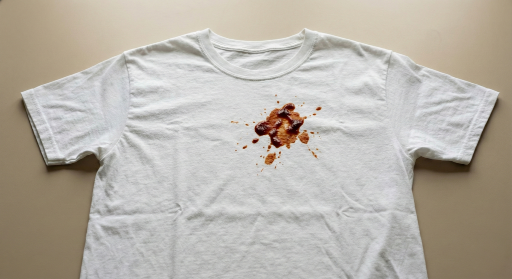 BBQ sauce stain on a white Cuccico t-shirt