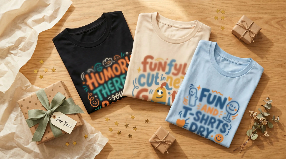Funny t-shirts wrapped as gifts flat lay — colourful graphic tees with ribbon and gift tag on wooden surface