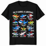12 Sharks of Christmas shirt in black, twelve festive shark species