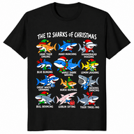 12 Sharks of Christmas shirt in black, twelve festive shark species