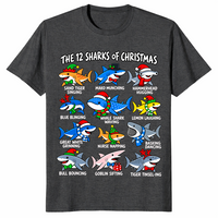 12 Sharks of Christmas shirt in dark heather grey, twelve festive shark species