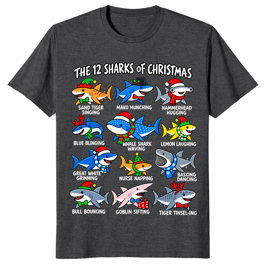 12 Sharks of Christmas shirt in dark heather grey, twelve festive shark species