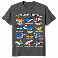 12 Sharks of Christmas shirt in dark heather, twelve festive shark species