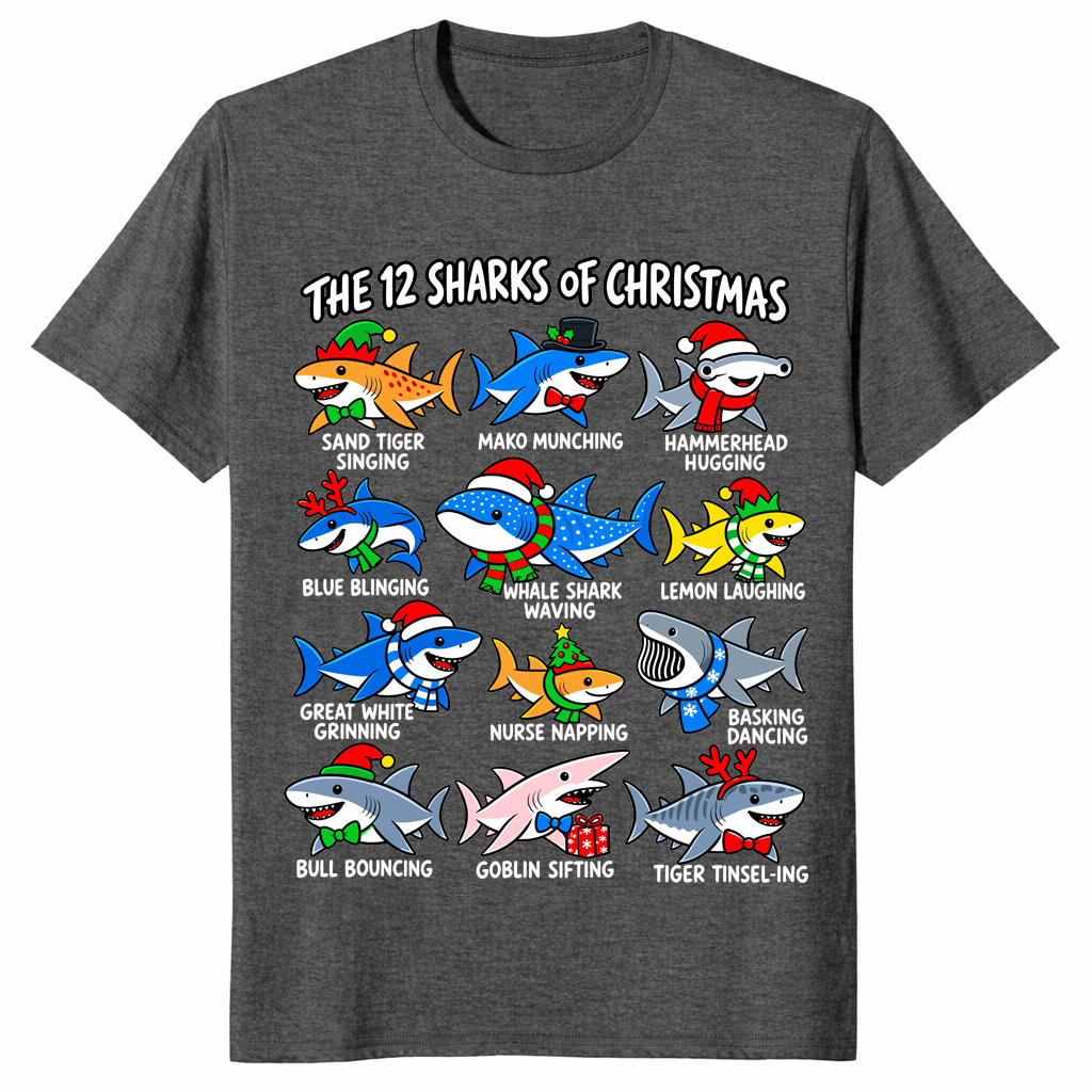 12 Sharks of Christmas shirt in dark heather, twelve festive shark species