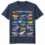 12 Sharks of Christmas shirt in heather navy, twelve festive shark species