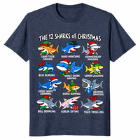 12 Sharks of Christmas shirt in heather navy, twelve festive shark species