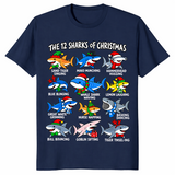 12 Sharks of Christmas shirt in navy, twelve festive shark species