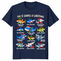 12 Sharks of Christmas shirt in navy, twelve festive shark species