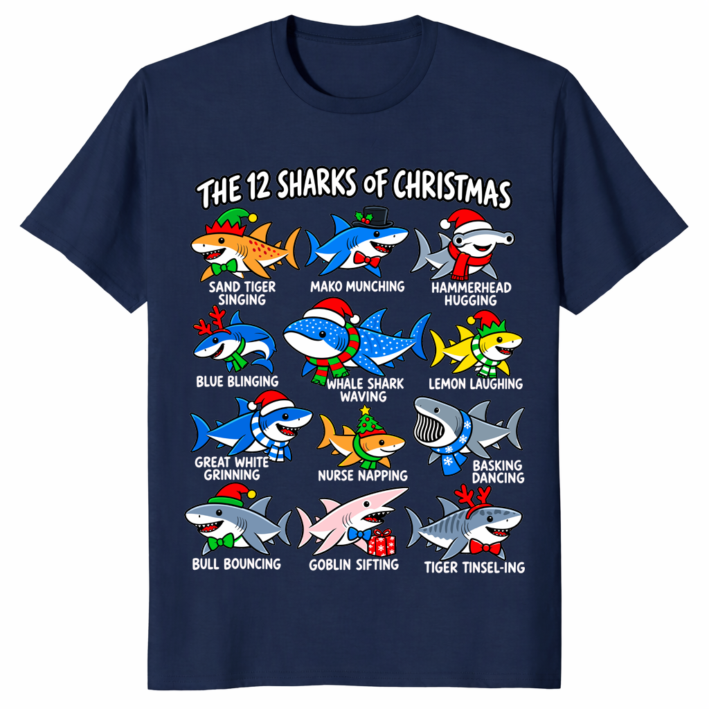 12 Sharks of Christmas shirt in navy, twelve festive shark species