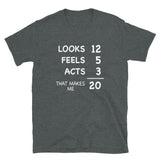 Funny 20th Birthday Shirt - Looks 12 Feels 5 Acts 3 - Cuccico Design