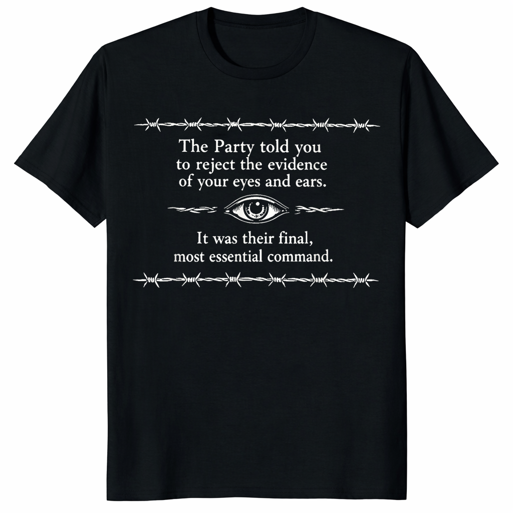 1984 dystopian shirt featuring George Orwell quote “Reject the evidence of your eyes