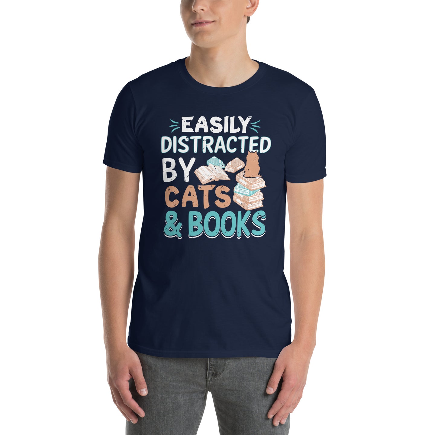 Easily Distracted by Cats And Books T-Shirt | Funny Reader Tee - Cuccico Design