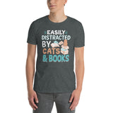Easily Distracted by Cats And Books T-Shirt | Funny Reader Tee - Cuccico Design