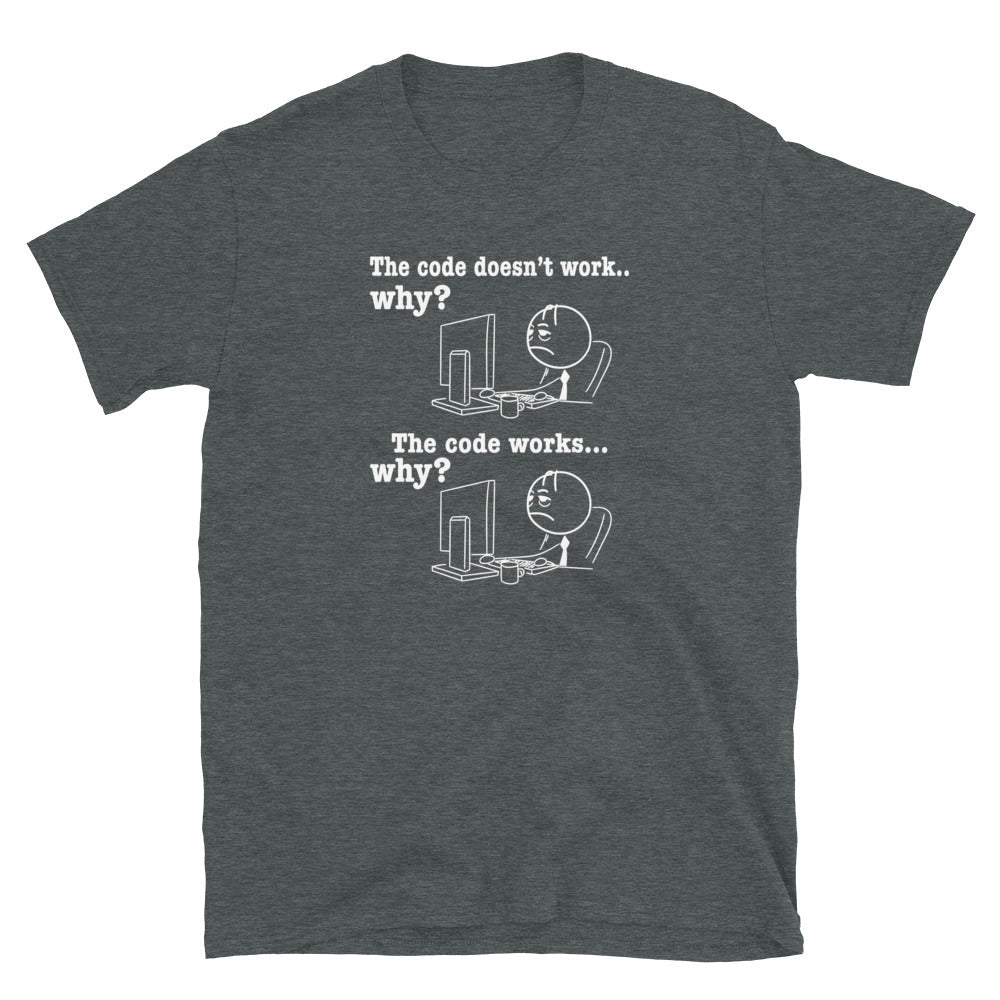 Funny Programmer T-Shirt: Code Works Why? Debugging Tee - Cuccico Design
