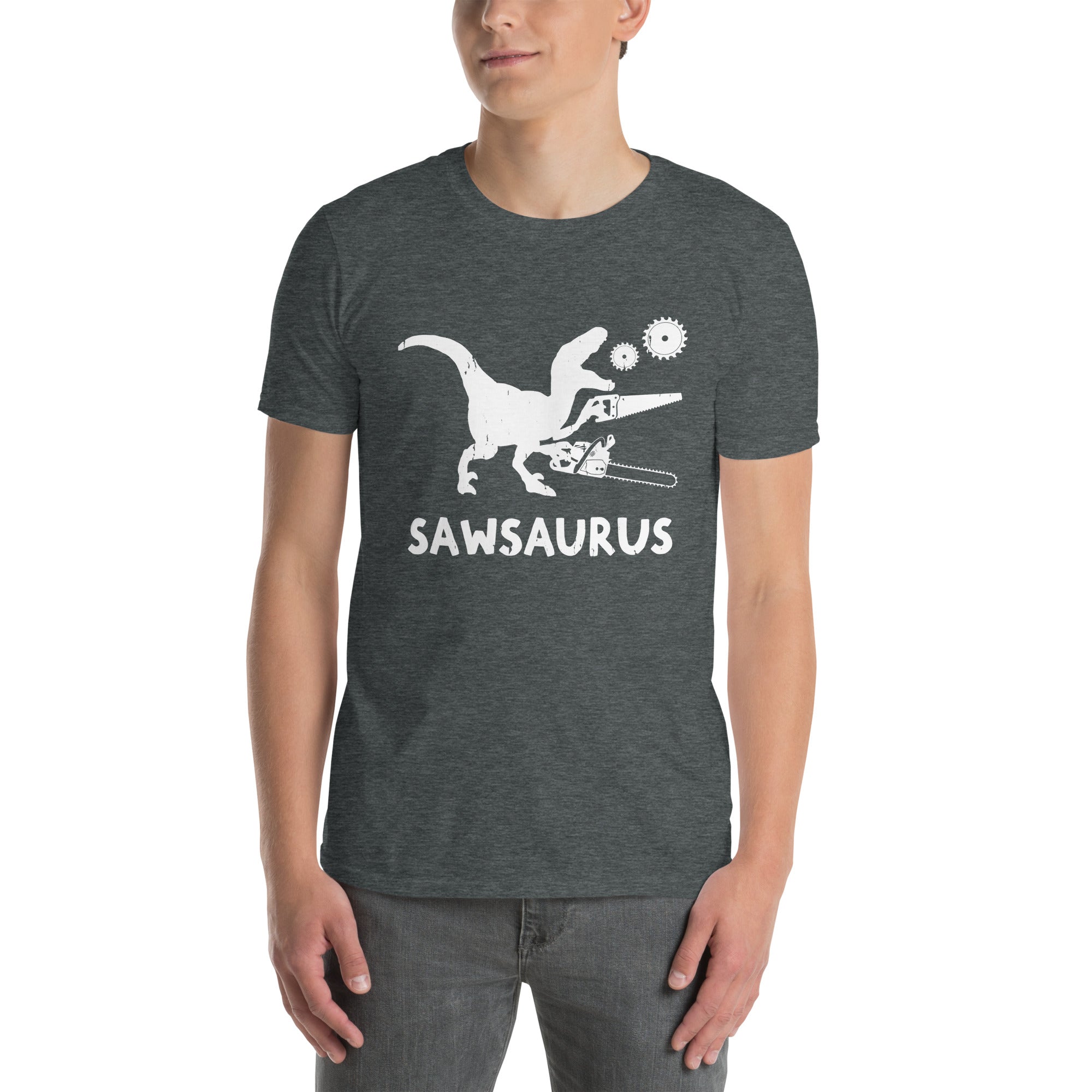 Funny Woodworking T-Shirt | Sawsaurus Dinosaur Carpenter Tee - Cuccico Design