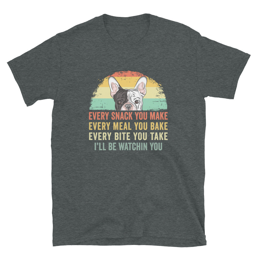 Funny French Bulldog T-Shirt: Every Snack Every Meal - Cuccico Design