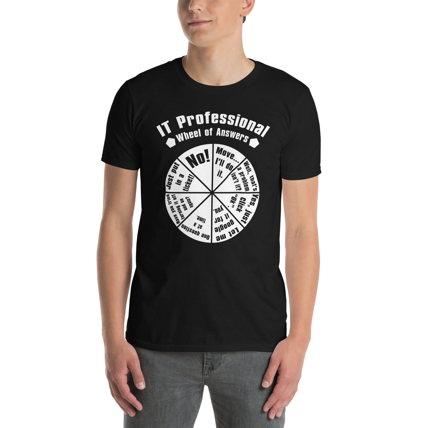 Funny IT Shirt: Tech Support Wheel of Answers Tee - Cuccico Design