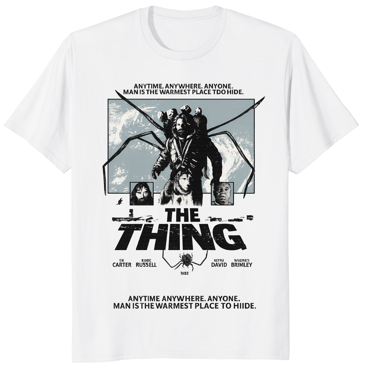 White 80s horror movie shirt featuring retro The Thing Japanese poster by Cuccico