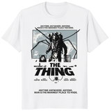 White 80s horror movie shirt featuring retro The Thing Japanese poster by Cuccico