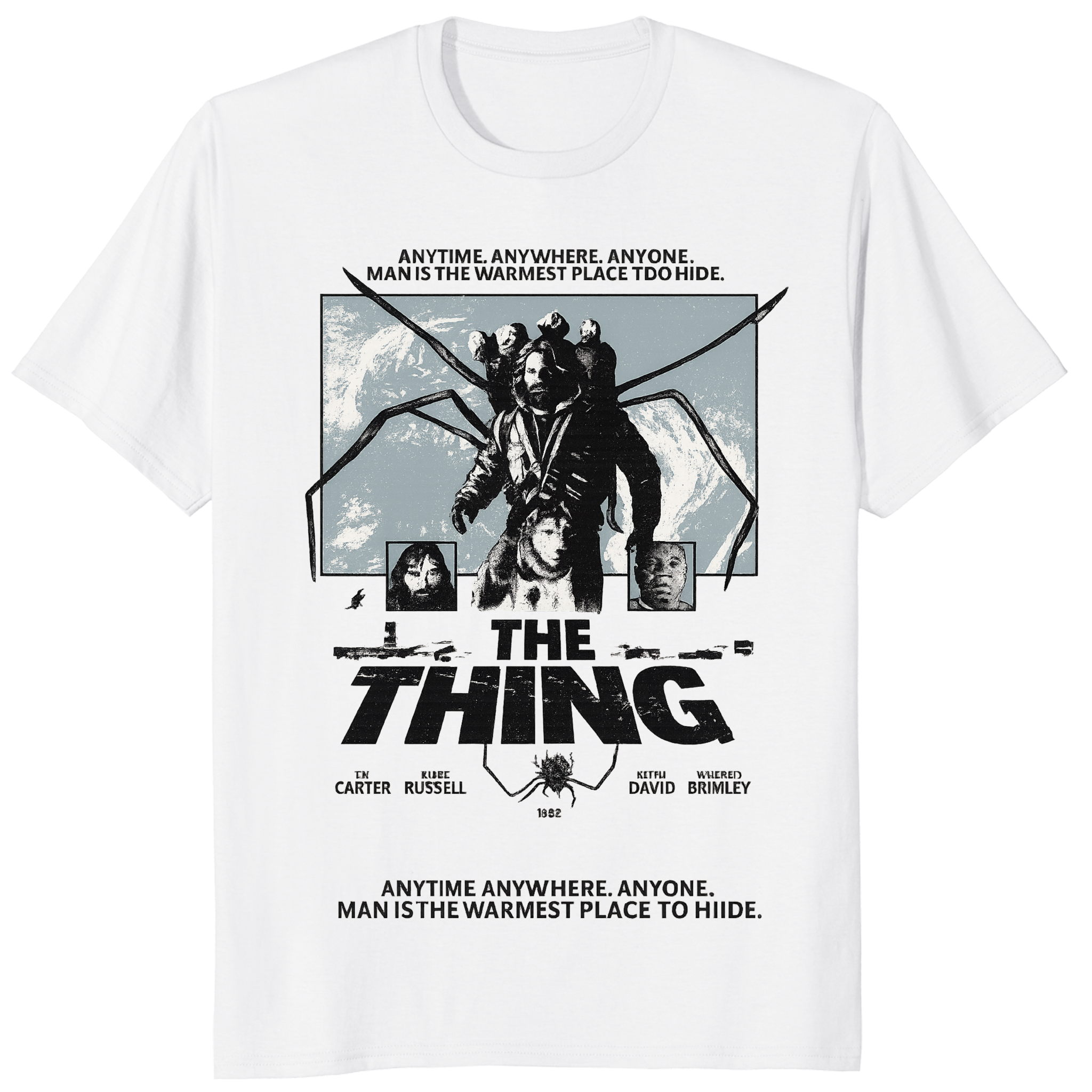 White 80s horror movie shirt featuring retro The Thing Japanese poster by Cuccico