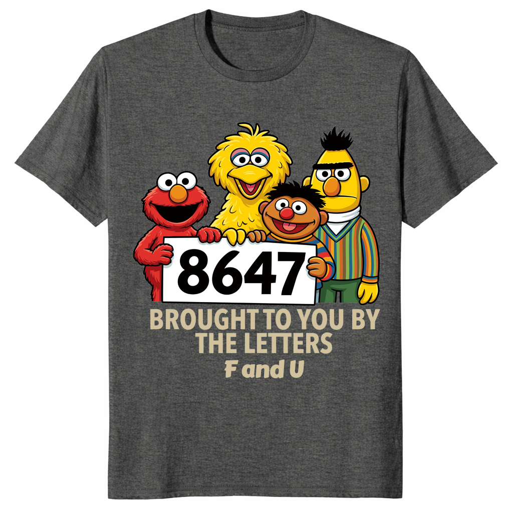 8647 anti MAGA protest t-shirt with bold cartoon-inspired artwork