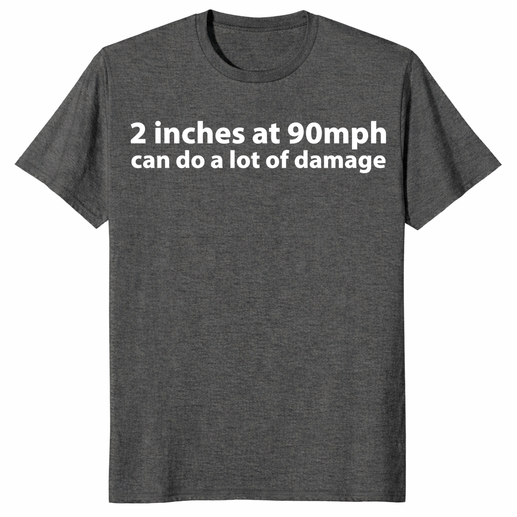 90 mph damage shirt in dark heather, front view