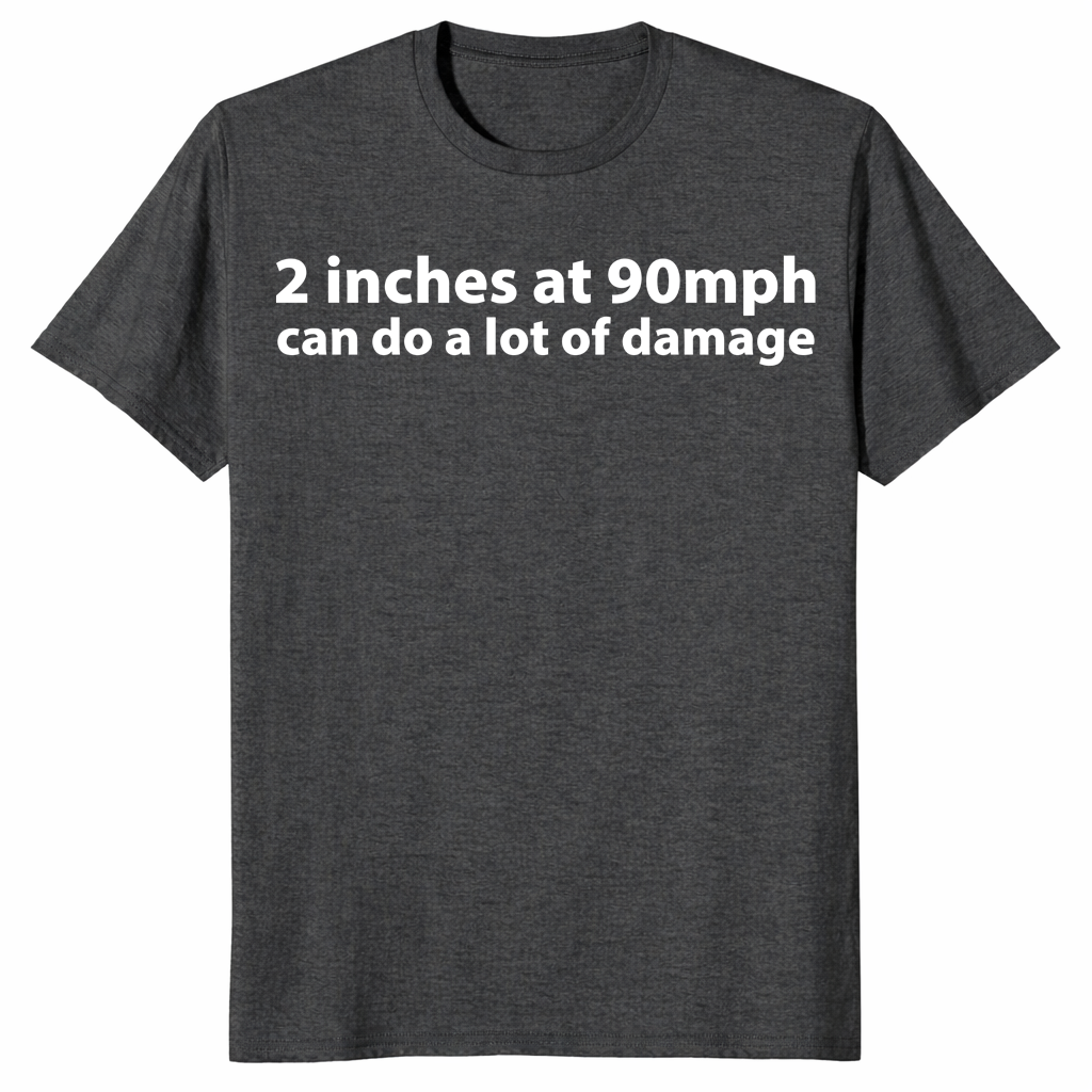 90 mph damage shirt in dark heather grey, front view