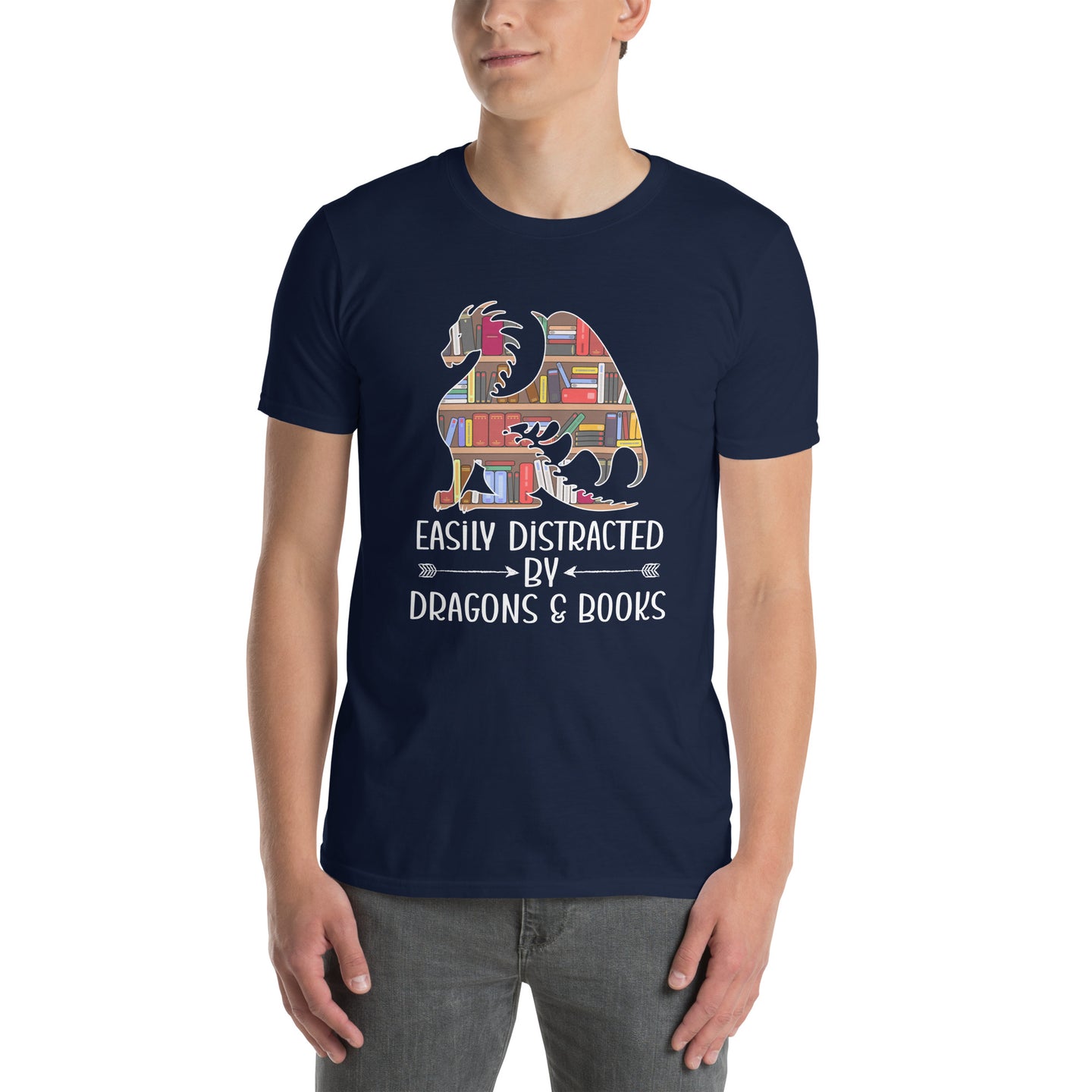 Easily Distracted Dragon & Books T-Shirt | Book Lover Gift - Cuccico Design