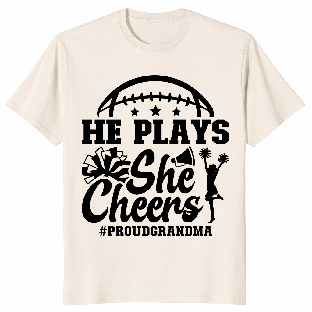 He Plays She Cheers T-Shirt in Natural