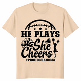 He Plays She Cheers T-Shirt in Sand