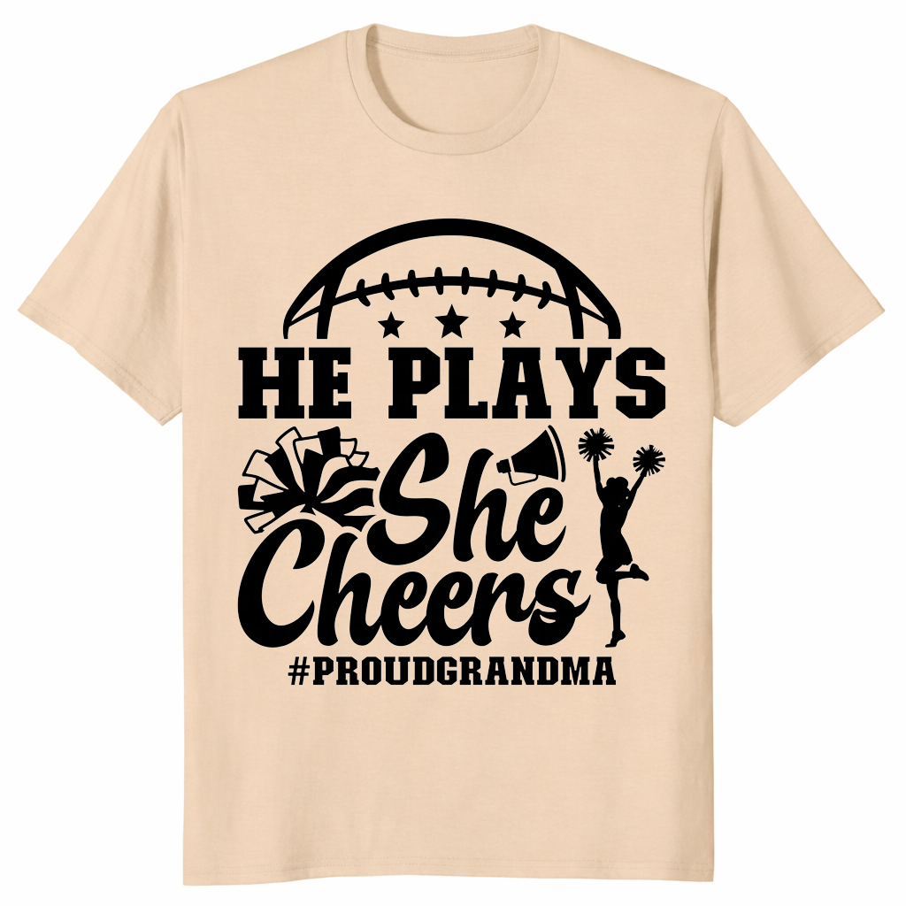 He Plays She Cheers T-Shirt in Sand
