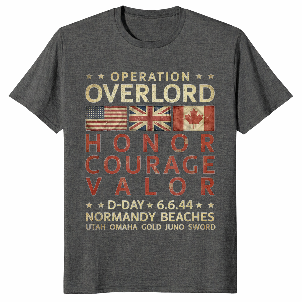 Operation Overlord D-Day shirt in dark heather – honor courage valor WWII tee