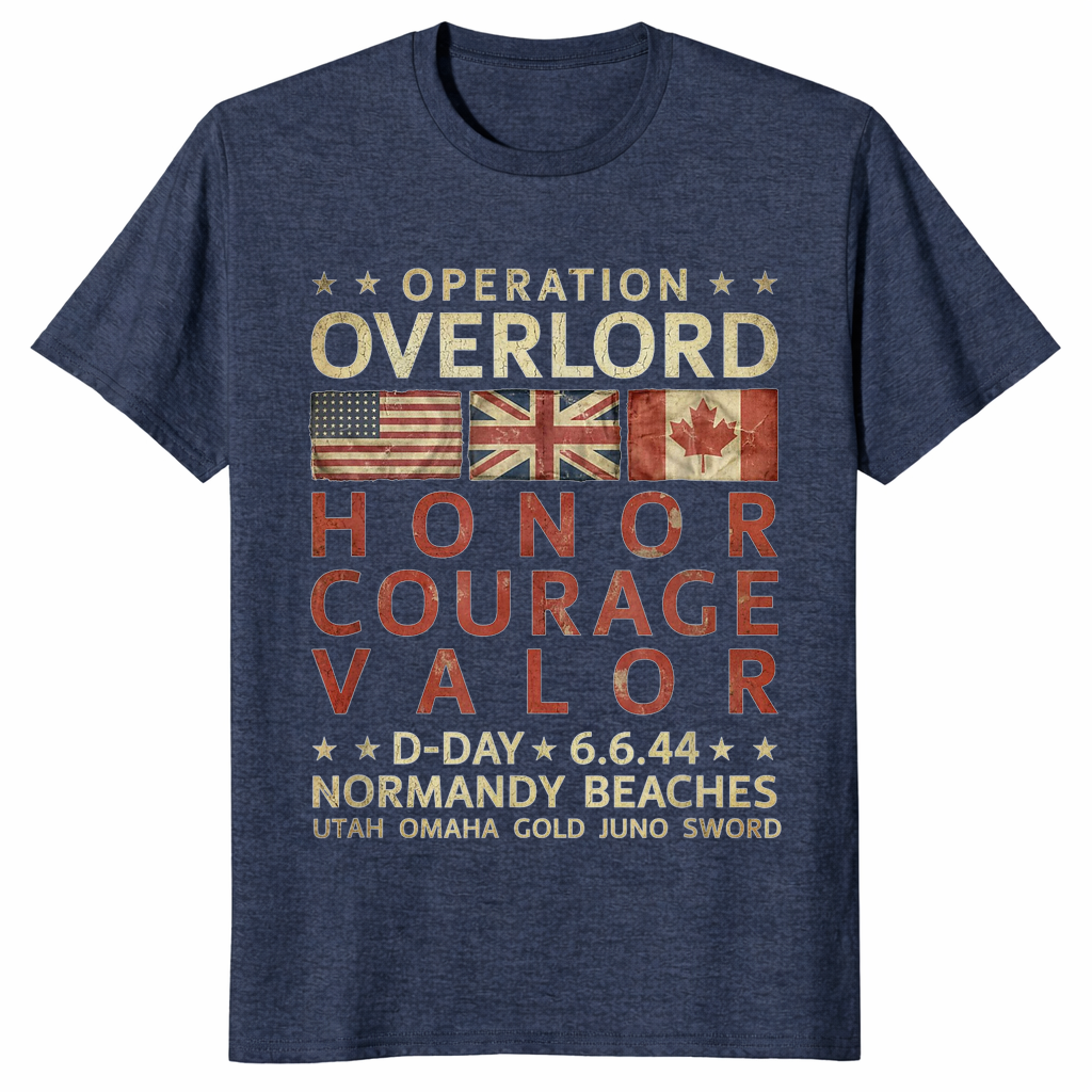 Operation Overlord D-Day shirt in heather navy – honor courage valor WWII tee