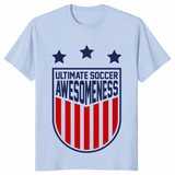 Ultimate soccer awesomeness shirt in light blue – funny soccer fan graphic tee