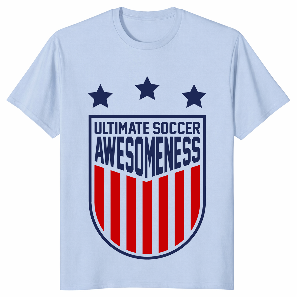 Ultimate soccer awesomeness shirt in light blue – funny soccer fan graphic tee