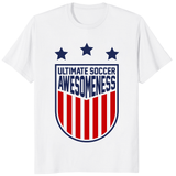 Ultimate soccer awesomeness shirt in white – funny soccer fan graphic tee