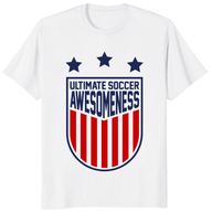 Ultimate soccer awesomeness shirt in white – funny soccer fan graphic tee