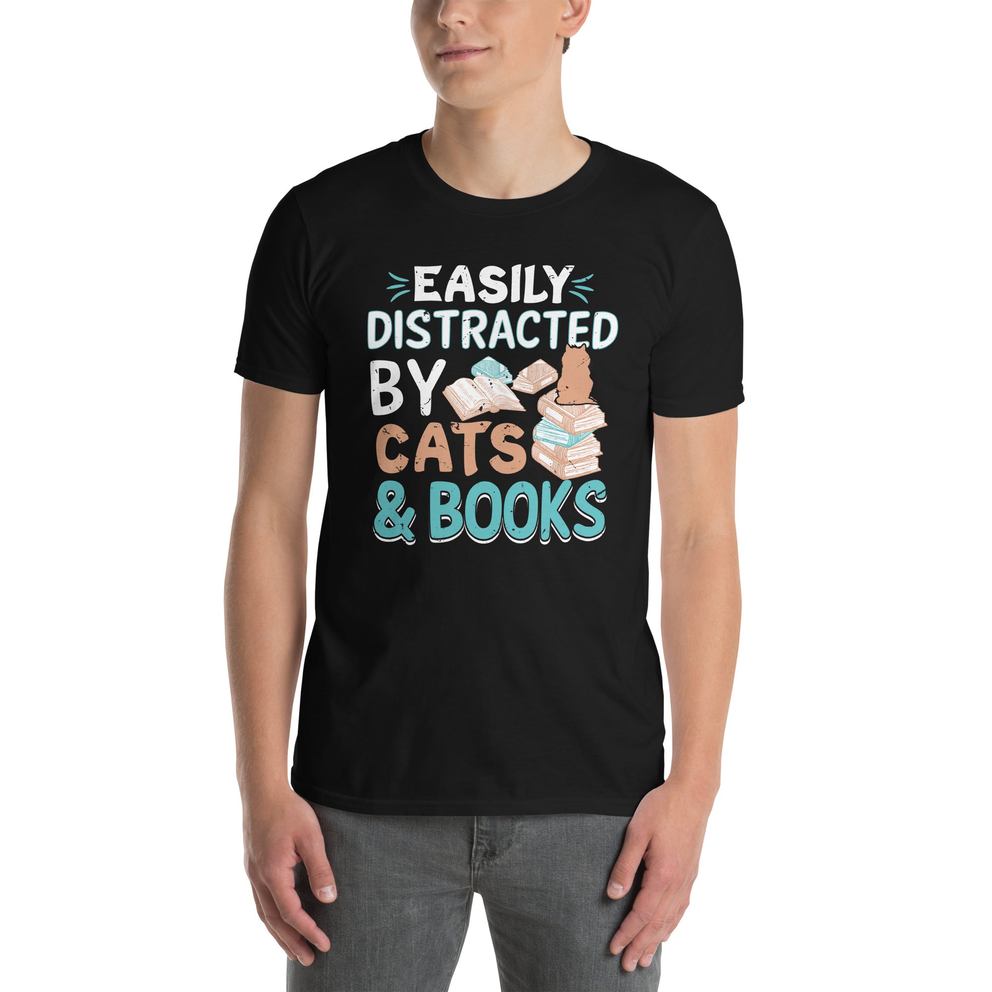 Easily Distracted by Cats And Books T-Shirt | Funny Reader Tee - Cuccico Design