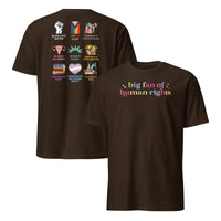 Rainbow text detail on activist human rights shirt reading big fan of human rights
