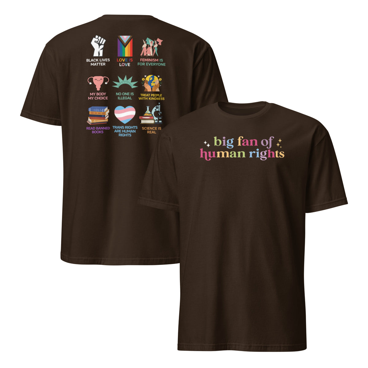 Rainbow text detail on activist human rights shirt reading big fan of human rights